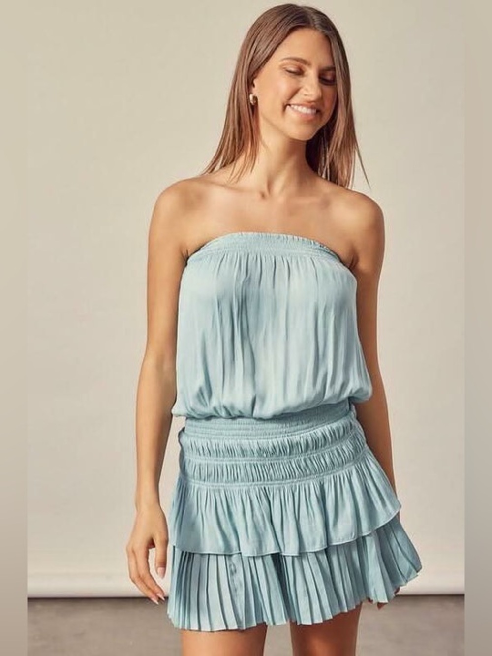Mustard Seed | Lovely and Sweet Sage Blue Strapless Smocked Ruffle Mini Dress M‎